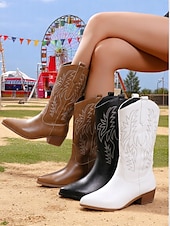 levne Cowboy &amp; Western Boots-Dámské hnědé kovbojské boty v bohémském westernovém stylu – klasické prošívání s blokovým podpatkem pro hudební festivaly, běžné nošení a outdoorové nošení