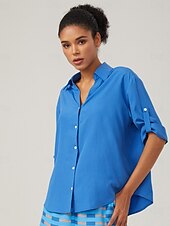 abordables chemises, hauts et chemisiers-chemise bleue minimaliste à col en V de style vacances
