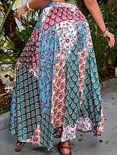 billige Boho skjørt-Dame الالتفاف Fritid Bohem Maksi Mellomhøyt liv Skjørt Blomstret Trykt mønster Mikroelastisk Feriereise Gate Rød Blå Sommer Polyester