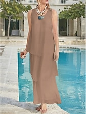 economico Lunghezza del pavimento-Matrimonio in Spiaggia Abito Madre della Sposa Linea A Ospite di Matrimonio Elegante Semplice Collo a V Lunghezza Caviglia Chiffon Senza Maniche con Strati Colore Solido 2025 misura personalizzata