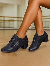 preiswerte Lateinamerikanische Schuhe-Schwarze Latein-Tanzschuhe für Damen aus Mesh und Kunstleder mit niedrigem Absatz – atmungsaktive Schnürschuhe für den Ballsaal zum Üben für Anfänger und Profis