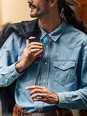 tanie Krawaty i muszki męskie-męski krawat kowbojski typu bolo w stylu western z turkusową wkładką, wzór vintage - regulowany skórzany sznurek, modny dodatek kowbojski na okazje codzienne i formalne