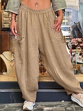 baratos Calça de linho de algodão simples-Calças Baggy Femininas de Pernas Largas de Cor Sólida Moda Bloomers Básico Comprimento Total Cintura Média Lisa com Bolso Cintura Elástica Conforto ao Ar Livre Microelástico Férias Rua Diário Dourado