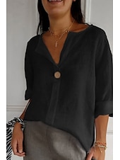 cheap Shirts-Women&#039;s Shirt Cotton Linen Shirt Blouse Plain Modern Casual 3/4 Length Sleeve V Neck Regular Tops Daily Going out Buttons Black White Red Navy Blue Green Summer