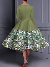 abordables Robes de cocktail-Robe cocktail élégante en A brodée floral robe formelle mariage longueur cheville manches longues col crew satin avec fente