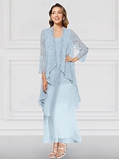 cheap With Jacket-Green Blue Pink Two Piece A-Line Dress Sets Mother of the Bride Dress Elegant Crew Neck Ankle Length Chiffon Long Sleeve Jacket Dresses with Lace Ruffles Tier 2025