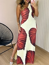 levne Neformální květinové šaty-Dámské Dlouhé šaty Maxi šaty Plášťové šaty Letní šaty Elegantní Dovolená Rande Běžný S lístky Bez rukávů Jedno rameno Rubínově červená Hnědá Léto
