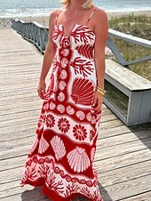 tanie Sukienki boho-Damskie Sukienka maxi Sukienka A line Sukienka na ramiączkach Codzienny Na zewnątrz Wyjściowe Plaża Regularny Kwiaty Graficzny Bez rękawów Cienkie ramiączka Czerwony Lato Wiosna