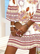 ieftine Rochii florale-Pentru femei Rochie Mini Rochie de Vară Rochie A line Vacanță Casual Boho Plajă Fit regulat Floral Grafic Lungime Manșon 3/4 În V Portocaliu Vară Primăvară