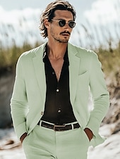 cheap Beach Suits-Men&#039;s Casual Summer Wedding Linen Suits Sky Blue Sage Daily Lightweight Solid Colored Standard Fit 2 Piece Single Breasted One-button