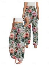 billige Grafisk linbukse i bomull-Dame Lin-inspirerte bukser Bred Bukseben Bukser Etnisk stil Fritid Bohem Full lengde Høy Midje Blomstret Lomme Elastisk midje Printer Pusteevne Myk Mikroelastisk utendørs Yoga- og dansesko Rosa Lilla