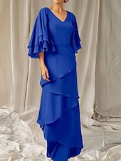 economico Lunghezza del pavimento-Abito Due Pezzi A-Line Madre della Sposa Ospite Matrimonio Elegante Inclusa Fascia V Collo Lunghezza del Pavimento Chiffon Manica Mezza Fascia Inclusa con Volant