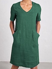 abordables concevoir des robes en coton et lin-Femmes Mini Robe Robe d&#039;été Occasionnel Quotidien Uni Manche Courte Col en V Noir Jaune Bleu Vert Été