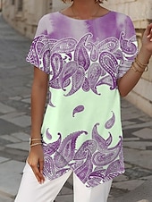 tanie Damskie topy boho-Damskie Bluzka Graficzny W Tureckie Wzory Codzienny Elegancki Krótki rękaw Półgolf Łódeczka Zwykłe topy Codzienny Nadruk Niebieski Fioletowy Zielony Lato