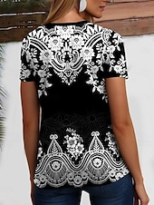 tanie T-shirt boho-Damskie Podkoszulek Graficzny W Tureckie Wzory Zabytkowe Elegancki Codzienny Krótki rękaw Półgolf Zwykłe topy Codzienny Weekend Stroje plażowe Nadruk Czarny + Biały + Czerwony Czarny Rumiany r