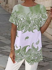 tanie Damskie topy boho-Damskie Bluzka Graficzny W Tureckie Wzory Codzienny Elegancki Krótki rękaw Półgolf Łódeczka Zwykłe topy Codzienny Nadruk Niebieski Fioletowy Zielony Lato
