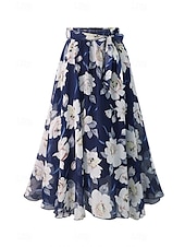 abordables Jupes en mousseline-Femmes Jupe Évasé Occasionnel Maxi Taille Basse Jupes Fleuri Imprimé Micro-Élastique Vacances Sortir Noir Blanche Rose Bleu Été Polyester