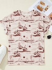 levne Boho topy-Dámské Halenka Květiny Západní Moderní Krátký rukáv Tričkový Běžné topy Denní Dovolená Jdeme ven Tisk Hnědá Léto
