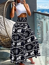 preiswerte Grafische Röcke-Damenrock Maxirock A-Linie Swing Mode Legere Maxirocken Hochtaillierte Blumenmuster Dehnbar Straße Alltag Schwarz Rot Blau Lila Sommer Polyester