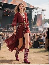 ieftine Cizme Cowboy &amp; Western-cizme de cowboy occidentale de damă cu design brodat – cizme elegante maro cu toc bloc pentru festivaluri de muzică, îmbrăcăminte casual și evenimente în aer liber