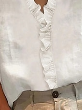 abordables Chemises-Chemise en Coton Lin pour Femmes Unie Basique Décontractée Manches Courtes Col V Hauts Quotidien Volant Blanc Été