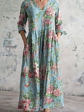 preiswerte Blumenkleider-Damen Langes Kleid Maxikleid Freizeitkleid Sommerkleid Boho-Kleid Mode Urlaub Täglich Wochenende Normale Passform Blumen Langarm V Ausschnitt wasserblau Blau Dunkelgrün Braun Sommer