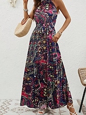 billiga Boho klänningar-Dam Maxiklänning A linjeklänning Off Shoulder Klänning Semester Ledigt Boho Utomhus Utekväll Normal Grafisk Paisley Ärmlös Halterneck Blå Purpur Brun Aprikos Sommar