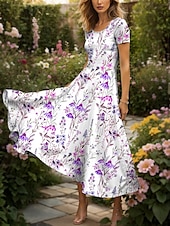 ieftine Rochii florale-Pentru femei Rochie Maxi Rochie casual Rochie A line Rochie de vară Elegant Vacanță Casual Fit regulat Floral Grafic Manșon scurt Pătrat Roșu-aprins Albastru piscină Mov Vară