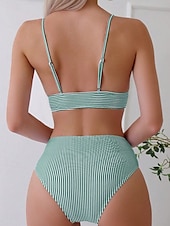 billiga Bikiniset-Kvinnors baddräkter bikini 2-delad tärnande baddräkt rygglös semester strandkläder randig V-hals ärmlös baddräkter
