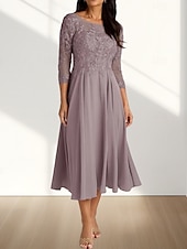 abordables Longueur du thé-Robe Mère de la Mariée A-Line Invité de Mariage Élégante Col Arrondi Longueur Thé Chiffon Manches 3/4 avec Plis Appliques Robe Midi 2025