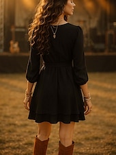 preiswerte Einfaches Kleid-Damen Boho Kleid Western Kleid Mini Kleid Wickelkleid A-Linien Kleid Lässig Outdoor Ausgehen Strand Standard Passform Einfarbig Langarm V-Ausschnitt Schwarz Sommer