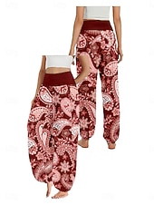 billiga Grafisk linnebyxa i bomull-Dam Linneinspirerade byxor Brett skaft Byxor Etnisk Stil Ledigt Boho Fullängd Hög midja Blommig Paisley Ficka Elastisk midja Tryck Mateial som andas Mjuk Microelastisk Utomhus Yoga Röd Blå Mörkgrön
