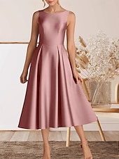 abordables Robes de cocktail-Robe cocktail A-Line élégante robe de retour à la maison cocktail party longueur thé sans manches col rond satin avec plis