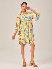 baratos Vestidos Florais-Mulheres Feminino Camisetão Vestido no Joelho Amarelo Manga Longa Folha Animal Árvore Botões Estampado Verão Colarinho de Camisa Férias Lazer XS S M