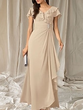 abordables Robes pour invitées de mariage-Robes de fête pour invité de mariage A-Line robe élégante longueur de sol à manches courtes décolletée en V en chiffon avec plis et volants
