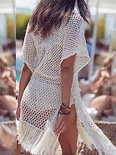 abordables Robes de plage-Maillots de Bain Femme Couverture Robe de Bain Maillot Franges Vacances Plage Tenue Couleur Unie Col en V Manches Courtes Maillots de Bain