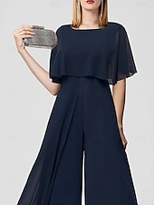 baratos Macacões da mamãe-Jumpsuits para Convidadas de Casamento Elegantes Formais Comprimento Longo Mangas Curtas Decote Joaninha Chiffon com Franjas 2025 tamanho personalizado gratuito
