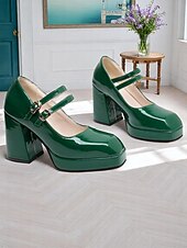 cheap 1980s-Women&#039;s 1980s Retro Double Strap Mary Jane Heels – Green Patent Leather Block Heel Platform Shoes for Vintage-Inspired Fashion, Parties, and Casual Wear