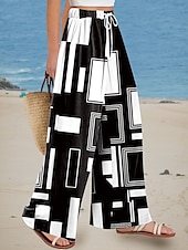 abordables jambe large et taille haute-Femmes Jambe large Chinos Pantalons Amples Vacances ancien Mode Longueur complète Taille haute Fleuri Graphique Géométrique Impression Respirant Doux Micro-Élastique Vacances Rue Décontracté Noir Ét