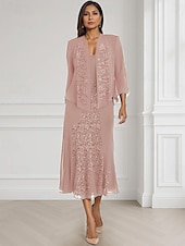 economico Con giacca-Due Pezzi Linea ad A Abito da cerimonia per signora Formale Ospite di nozze Elegante Collo quadrato Lunghezza al pavimento Chiffon Manica Lunga Con Stola con Pizzo A balze Ricamo 2025