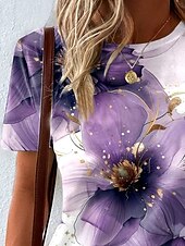 billige Blomster t-skjorte-Dame T skjorte Blomstret Grafisk Årgang Stilfull Fritid Kortermet Crew-hals Rund hals Vanlige topper Daglig Trykt mønster Lilla Sommer Vår