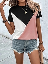 abordables T-shirt rayé et géométrique-Femmes Chemisier Géométrique Occasionnel Chaussures de plage Manche Courte Col ras du cou Hauts Réguliers Quotidien Imprimé Rose Claire Fuchsia Vert Gris Été Printemps