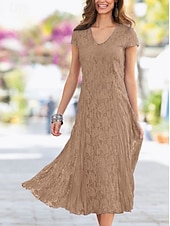 voordelige Thee Lengte-Strandbruiloft Sheath Moeder van de Bruid Jurk Bruiloft Gast Elegant Party Petite V-hals Thee Lengte Kant Korte Mouw met Plissee Effen Kleur gratis maatwerk