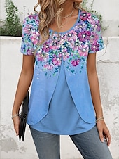 abordables T-shirt floral-Femmes T-shirt Fleuri Graphique Élégant ancien Manche Courte Col ras du cou Hauts Réguliers Quotidien Sortir Patchwork Boutons À Étages Bleu Violet Vert Été Printemps