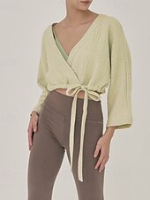 billige Skjorter-Dame Linskjorte Bluse عادي Fritid Langermet V-hals Crop Tops Daglig Ut på byen knyte foran Hvit Gul Brun Sommer
