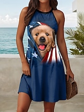 cheap Animals Dress-Patriotic Golden Retriever Puppy By Vincent Hie Women&#039;s Mini Dress A Line Dress Summer Dress Vacation Casual Beach Daily Regular Fit Sleeveless Halter Neck Blue