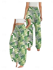 economico Pantaloni in cotone e lino con grafica-Per donna Pantaloni ispirati al lino Gamba larga Pantaloni Stile Etnico Casual Boho Lunghezza intera Vita Alta Floreale Foglia Tropicale Tasca Elastico in vita Stampa Traspirabilità Morbido