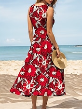 preiswerte Blumenkleider-Damen Midikleid Sommerkleid A Linie Kleid Schulterfreies Kleid Urlaub Lässig Formpassend Blumen Grafik Ärmellos U-Ausschnitt Rundausschnitt Gelb Rote Blau Purpur Sommer