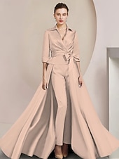 billige Mammas jumpsuits-To-delt jumpsuit/buksedress mor til bruden formell bryllupsgjest elegant skjortekrage ankel lengde sateng halv erme med sløyfe(r) gratis tilpasset størrelse