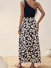 abordables Robes fleuries élégantes-Femmes Robe Midi Robe Décontractée Robe d&#039;été Élégant Mode Moderne Quotidien Plage Week-end Coupe régulière Léopard Sans manches Une Épaule Noir bleu marine Été